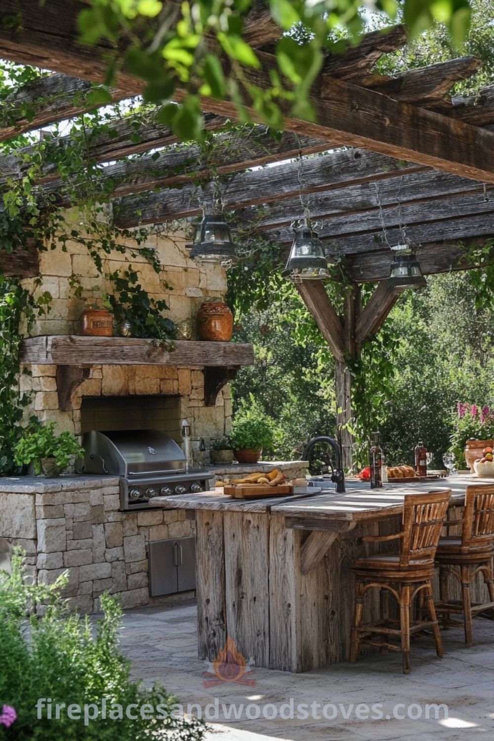 Charming covered patio kitchen on fireplacesandwoodstoves.com, featuring a cozy outdoor cooking area, rustic design ideas, and inspirations for backyard dining and grilling areas.