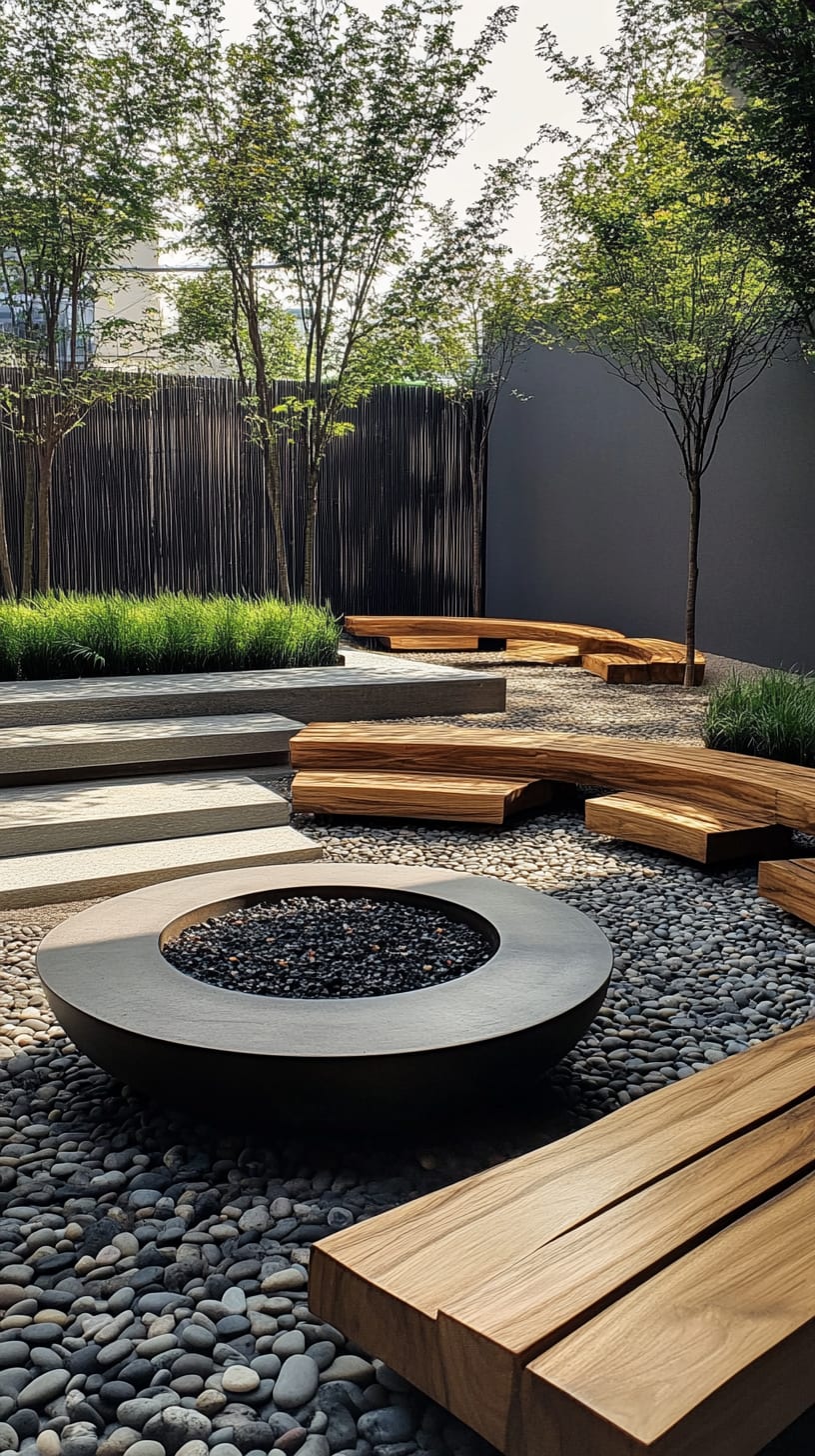 A modern garden with a circular fire pit, wooden benches, pebbles, and green trees, providing a tranquil outdoor retreat.