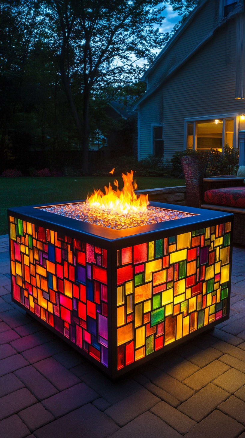 A vibrant stained glass fire pit illuminating an outdoor patio at night with colorful flames dancing through the glass panels.