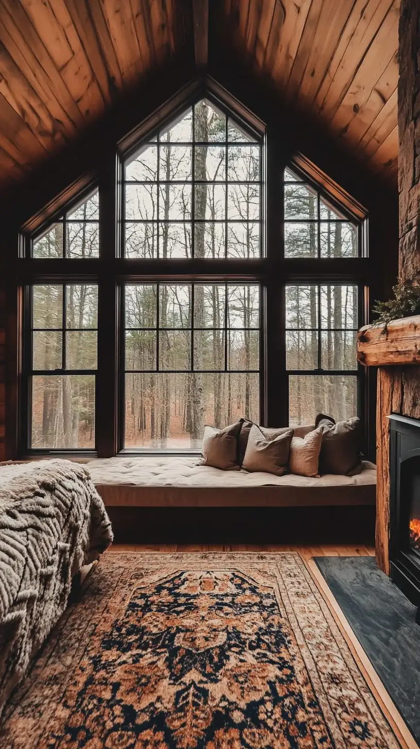 A cozy cabin interior featuring large windows with forest views, a stylish window seat, a rustic fireplace, and a Persian rug amidst wooden beams.