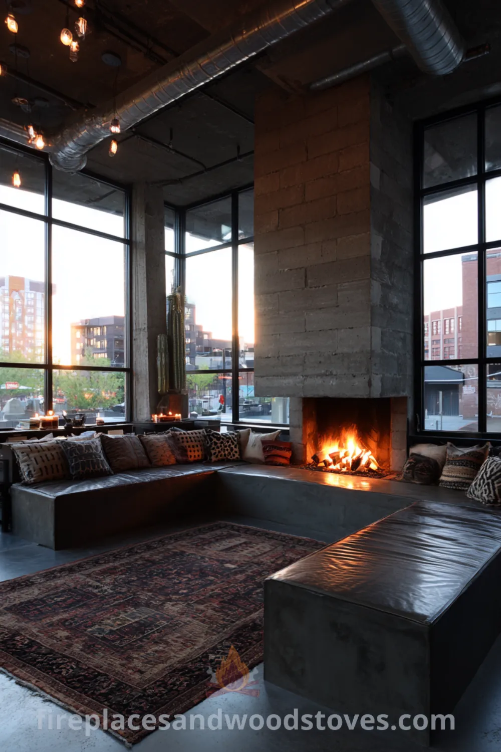 Urban Scandinavian fireplace design with polished concrete, cozy textured rugs, and large windows natural light, showcasing minimalist industrial hearth and sleek wood stove industrial.