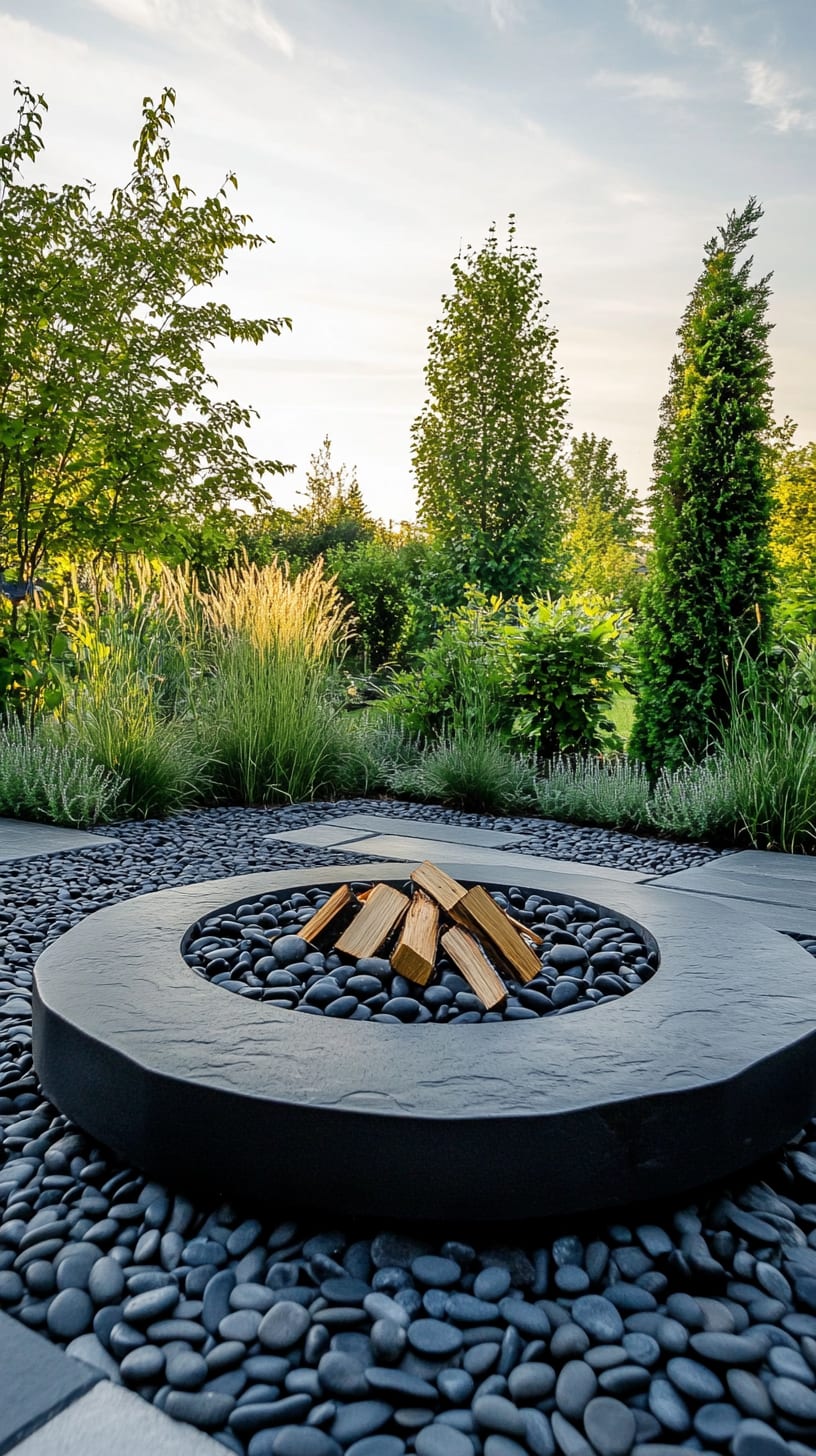 A modern garden showcasing a circular fire pit surrounded by black pebbles, with trees and shrubs in the background, illuminated by beautiful evening light.