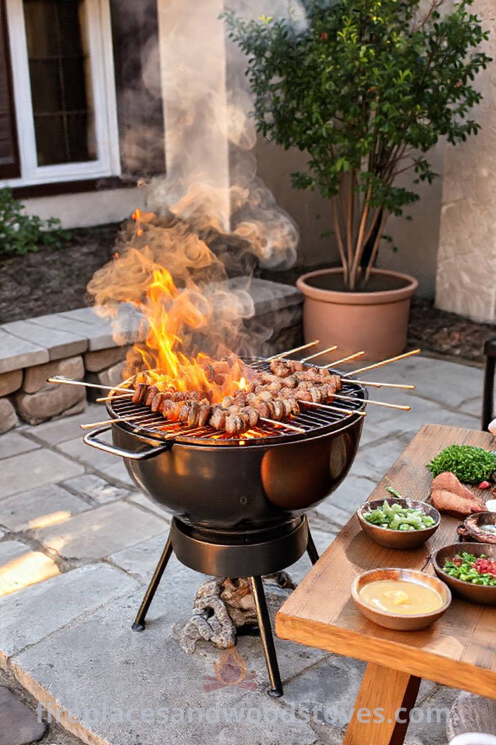 Turkish mangal barbecue on a stone patio, with skewered meats grilling over glowing charcoal, creating a cozy and inviting outdoor gathering space perfect for sharing delicious meals with loved ones. Visit patioandhomefurniture.com for stylish outdoor design inspiration.