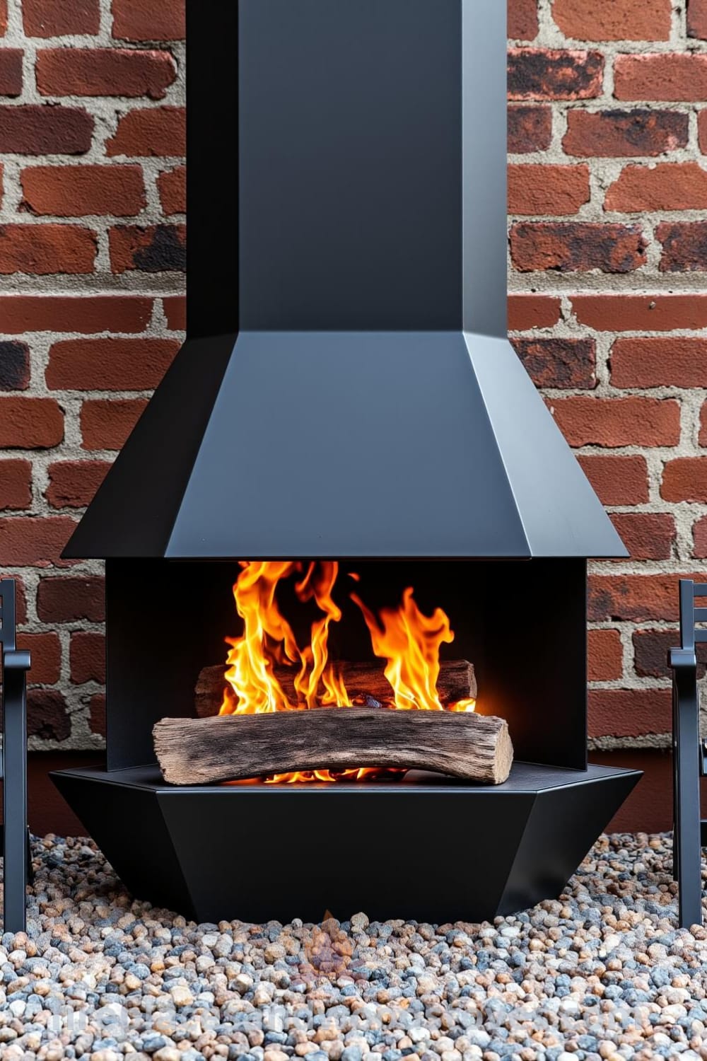 Industrial steel outdoor fireplace on a concrete patio with dancing flames, surrounded by gravel and mismatched chairs, creating a cozy atmosphere, inspiring unique home decor ideas for your outdoor space. For more inspirations, visit fireplacesandwoodstoves.com.