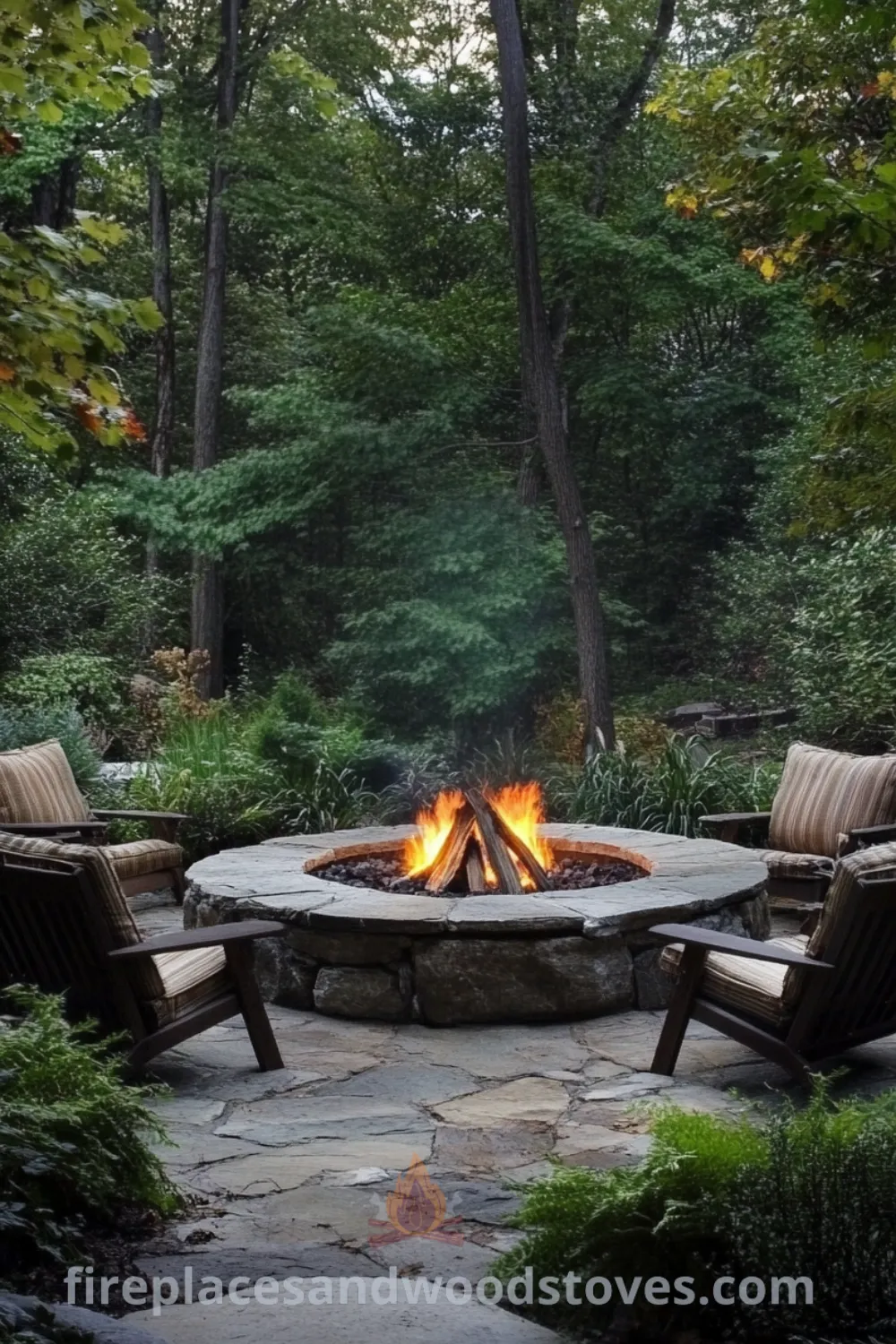 Cozy fire pit retreat featuring a sunken seating area and stylish fire pit table on fireplacesandwoodstoves.com, showcasing outdoor fire pit designs and cozy ideas for a backyard makeover.