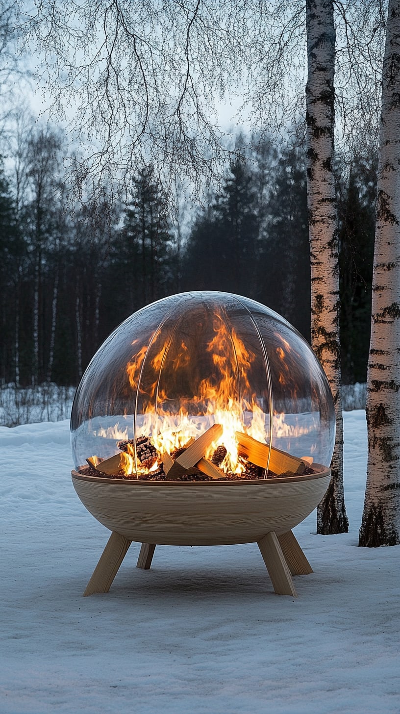 A modern glass-domed fire pit with wooden legs in a snowy Scandinavian forest, surrounded by birch trees, with visible flames illuminating the scene.