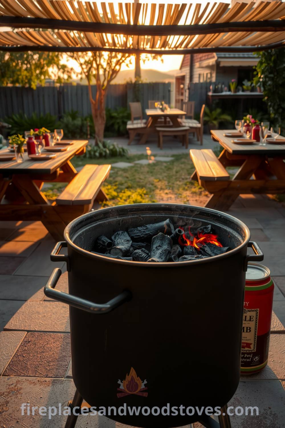 Solitary barbecue on a sun-baked patio with warm-glowing charcoal embers, rustic wooden picnic tables set with charming tableware, and golden sunset light casting an inviting atmosphere, creating cozy ideas for outdoor gatherings. Visit fireplacesandwoodstoves.com for inspiring decor ideas.