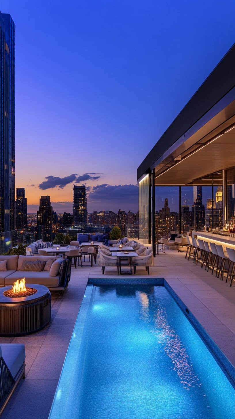 A luxurious rooftop bar featuring an infinity pool, city skyline views at dusk, comfortable lounge seating, and a fire pit.