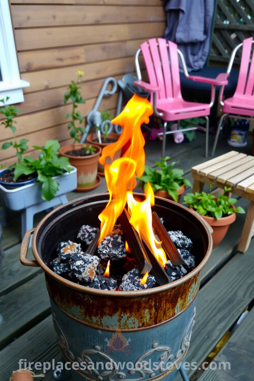 Cozy charcoal barbecue on a rustic wooden deck surrounded by potted herbs and inviting mismatched chairs, creating a warm atmosphere perfect for casual summer gatherings. For more cozy home decor ideas, visit fireplacesandwoodstoves.com.