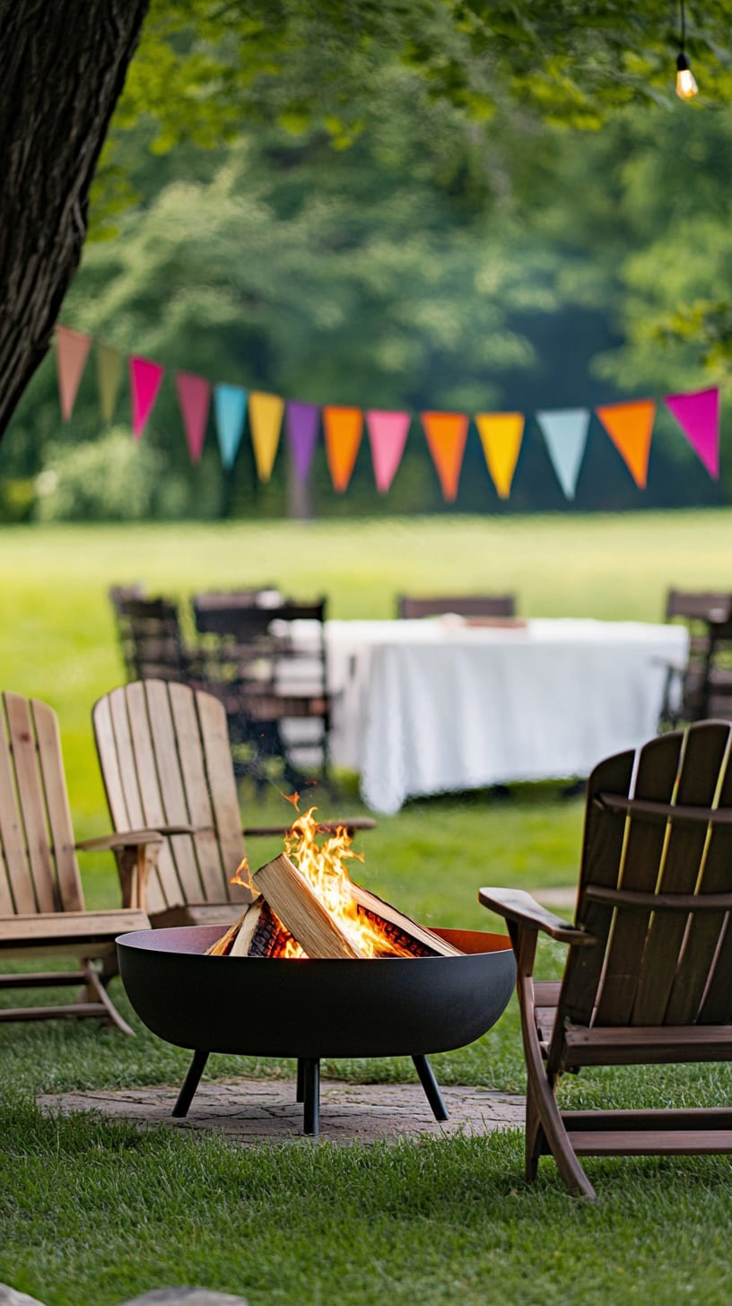 An outdoor wedding setup featuring a central fire pit, lawn chairs, tables with colorful flags hanging from trees, creating a festive and cozy atmosphere.