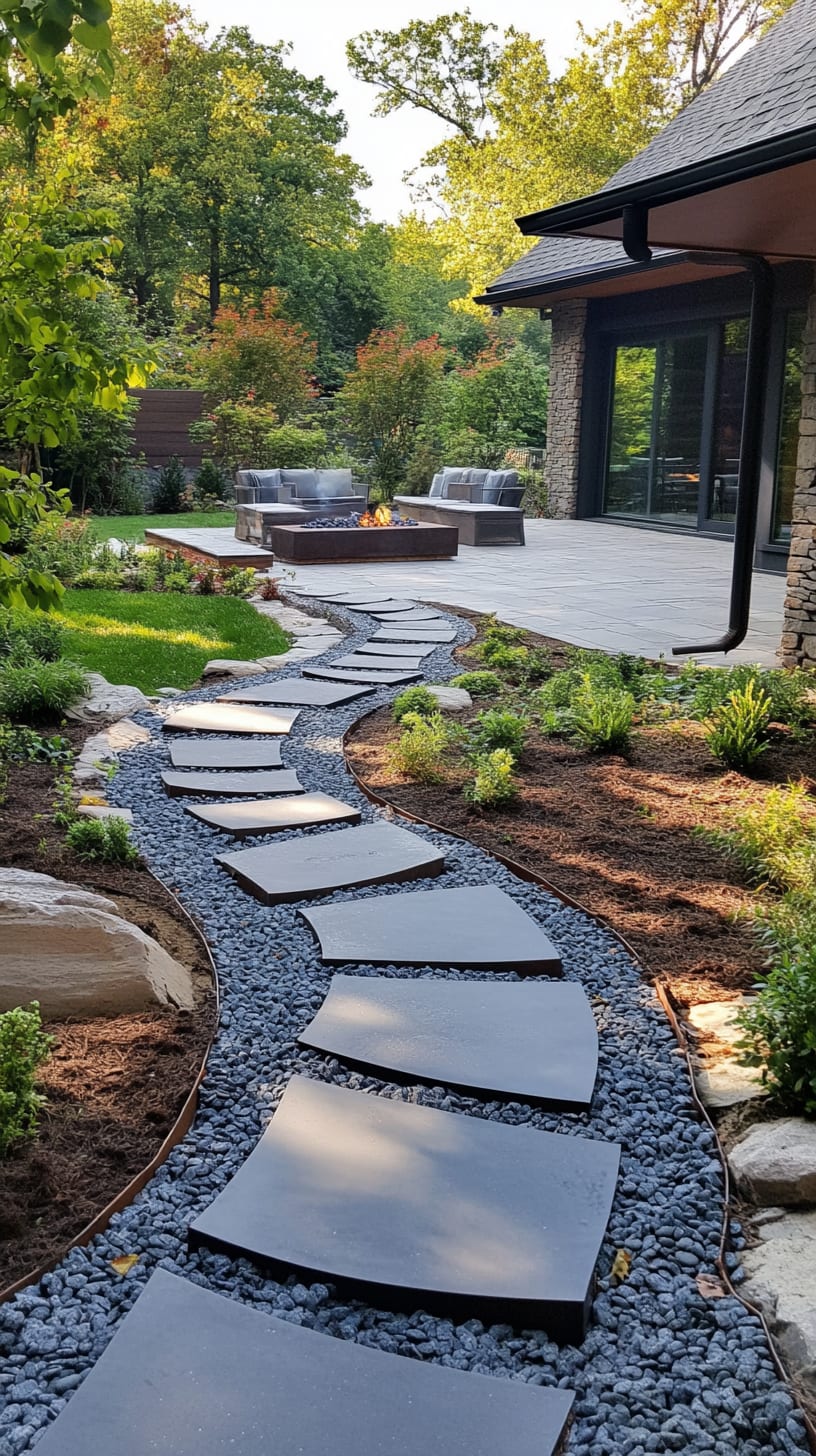 A winding black stone pathway surrounded by green grass and native plants, leading to a warm outdoor fire pit area in a modern backyard.