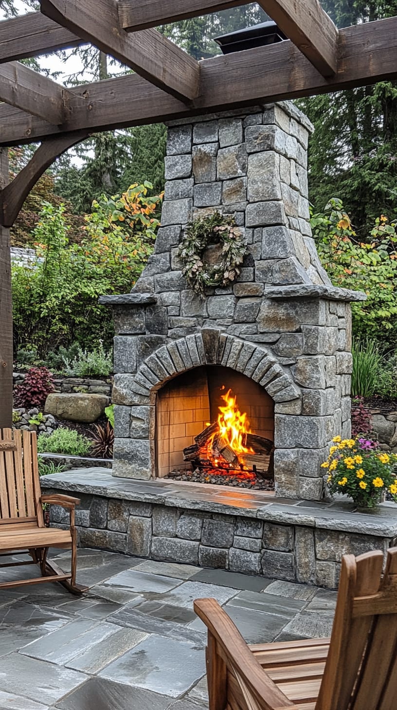 A stone outdoor fireplace surrounded by greenery and flowers, featuring wooden seating and an arbor in a serene garden setting.