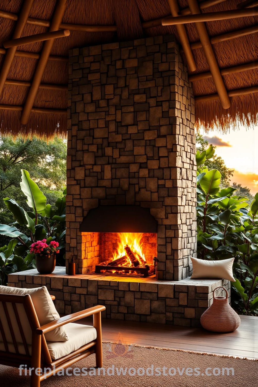 Tropical bamboo barbecue fireplace radiating warmth in an outdoor patio setting, surrounded by lush greenery and rustic decor, inviting guests to enjoy a cozy atmosphere. Explore more unique ideas for your home at fireplacesandwoodstoves.com.