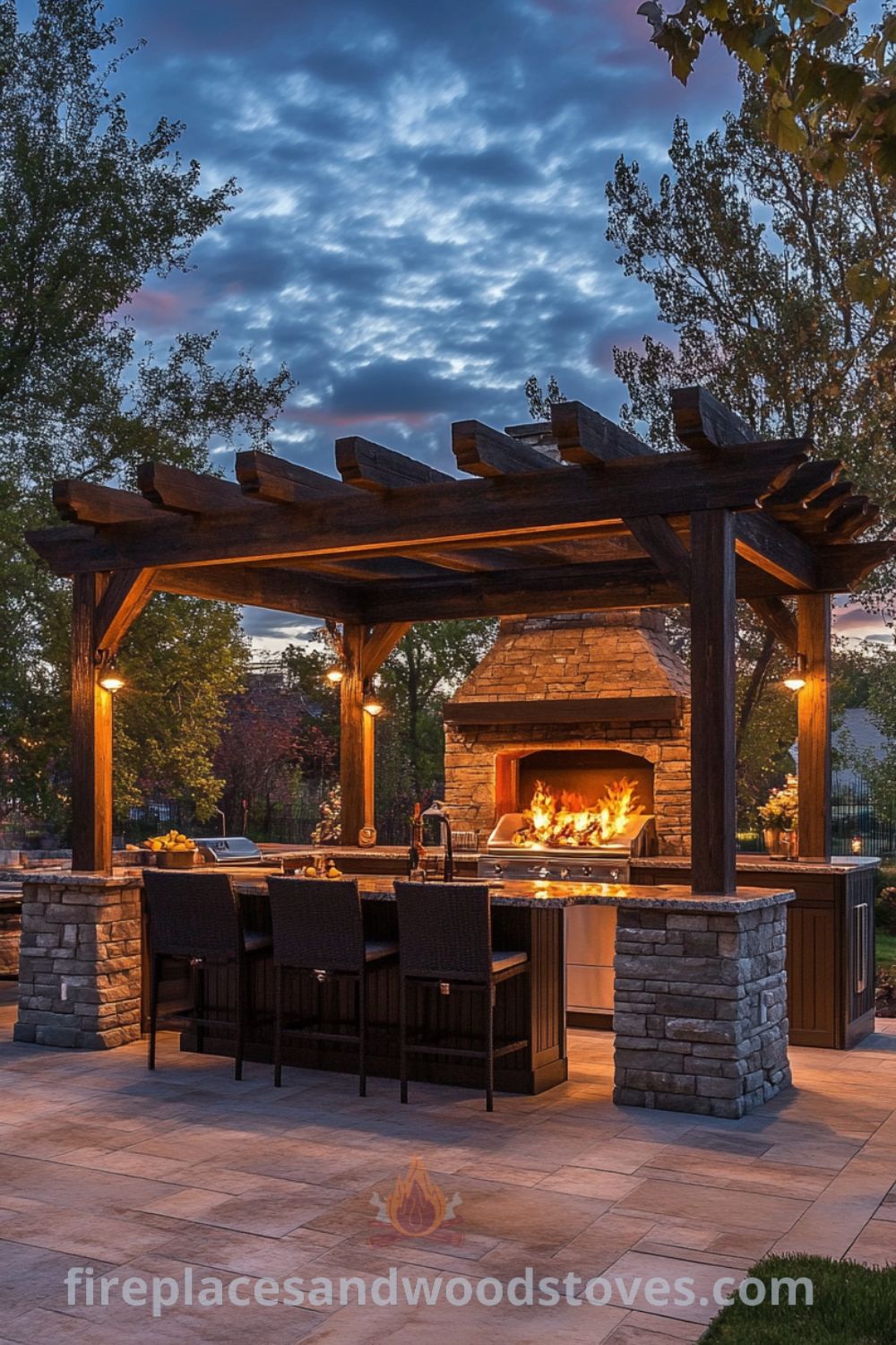 Cozy covered patio kitchen with rustic design ideas on fireplacesandwoodstoves.com, featuring an outdoor kitchen, grilling area, and inviting patio dining for enjoying outdoor living.