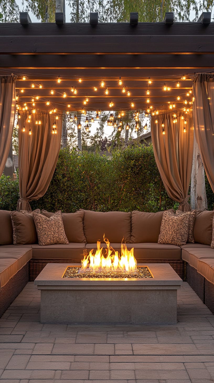 A cozy outdoor seating area featuring plush sofas and a fire pit, illuminated by twinkling lights, creating an inviting atmosphere for social gatherings under the evening sky.