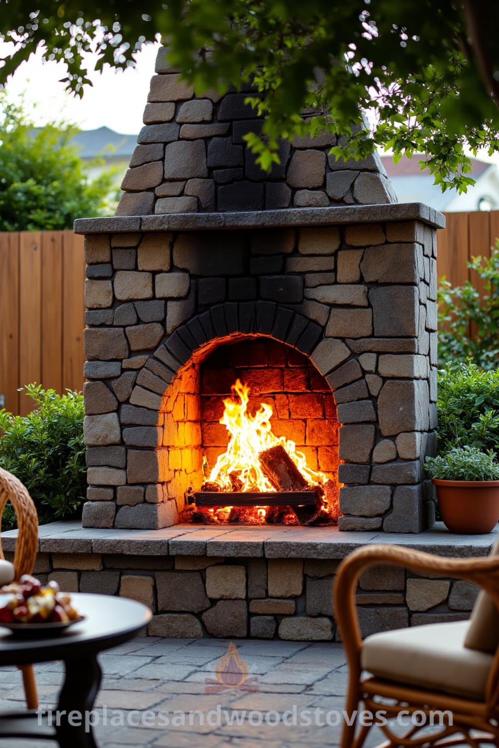 Rustic stone outdoor fireplace with bright flames in a cozy patio setting, surrounded by flourishing plants and a wooden fence, creating inviting vibes perfect for gatherings. Visit fireplacesandwoodstoves.com for cozy ideas and design inspirations.