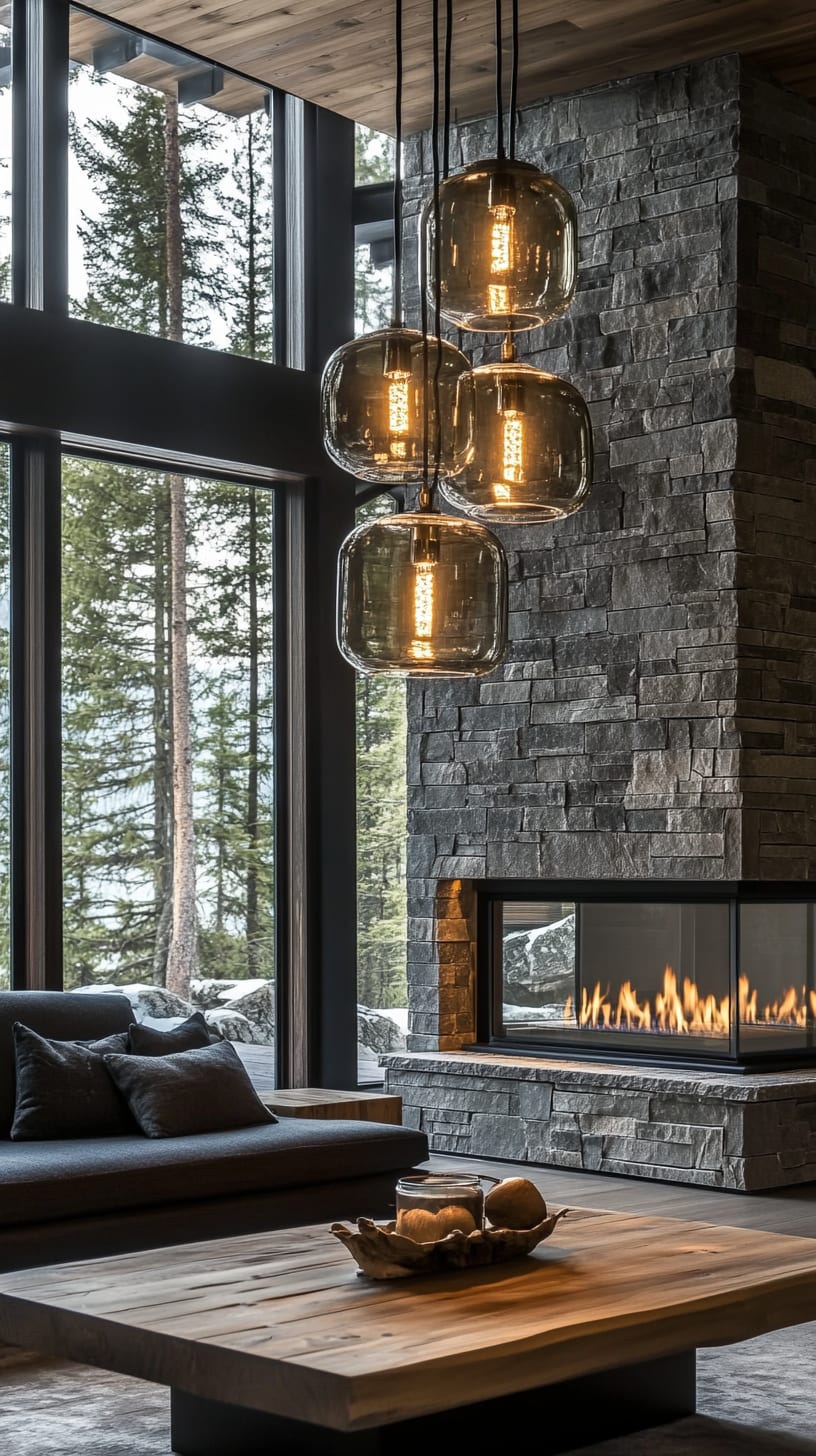 A cozy modern rustic living room featuring a black stone fireplace, large windows with a forest view, and soft lighting with glass pendants.