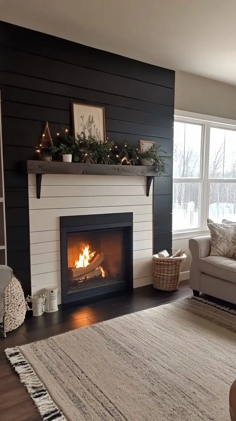 A cozy living room featuring a white shiplap fireplace wall with a black accent wall, decorated for winter with greenery, candles, a basket of warm blankets, and a cream-colored rug.