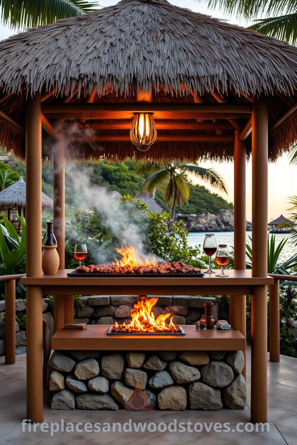 Tropical outdoor barbecue with a wooden grill under a palm-thatched roof, surrounded by greenery, featuring sizzling meat, aromatic smoke, and an inviting atmosphere perfect for gatherings, offered by fireplacesandwoodstoves.com.