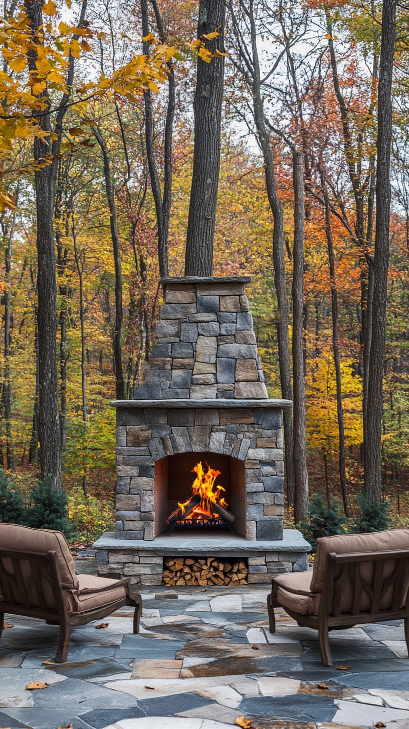 A stone outdoor fireplace surrounded by colorful autumn foliage and comfortable seating, creating a cozy atmosphere for evenings.