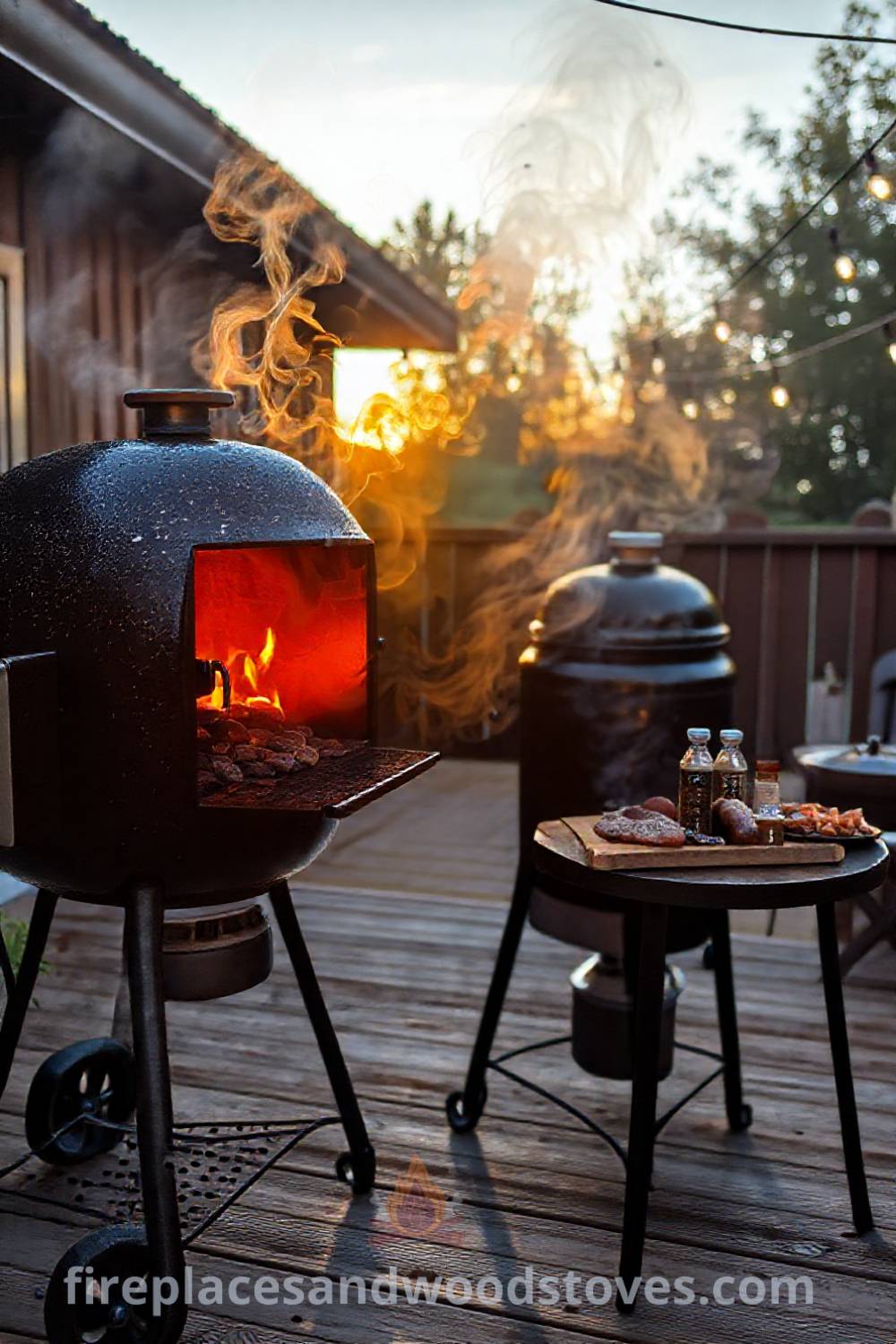 Barbecue smoker on a rustic wooden patio with smoke curling upwards, a table of seasonings and meats nearby, and string lights creating a cozy gathering atmosphere. Visit patioandhomefurniture.com for stylish outdoor design ideas that will wow your guests.