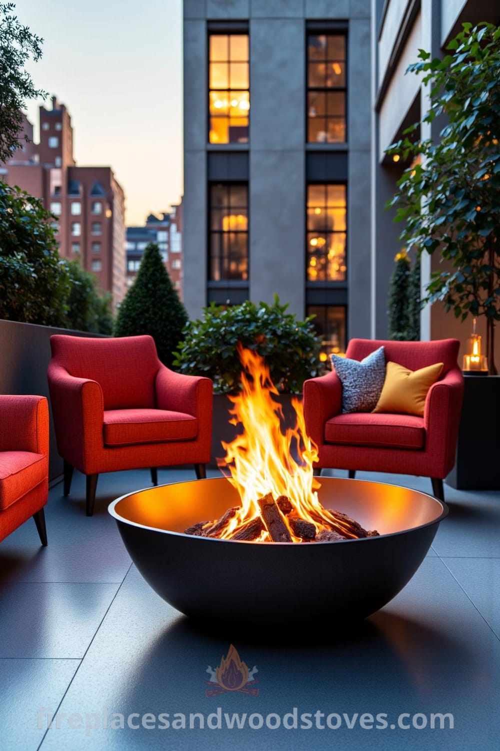 Art Deco fire pit at an urban patio surrounded by mid-century modern chairs, casting geometric shadows at sunset, creating a cozy ambiance with flickering flames and polished metal surfaces, highlighting inspiring decor ideas for outdoor spaces. Visit fireplacesandwoodstoves.com for unique ideas.