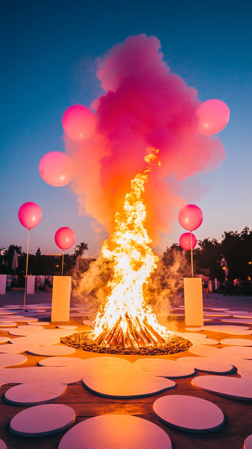 A large bonfire surrounded by pink balloons and white plates in an open space, creating a captivating contemporary art installation against a vibrant evening sky.