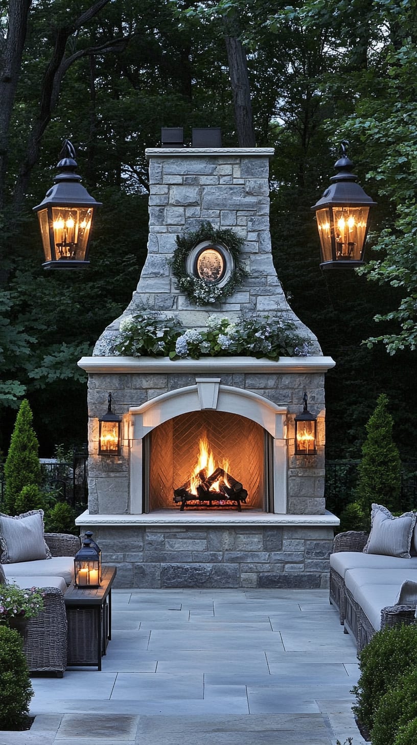 A grand outdoor fireplace made of stone masonry, surrounded by comfortable seating, lanterns, and greenery, under a moonlit sky.