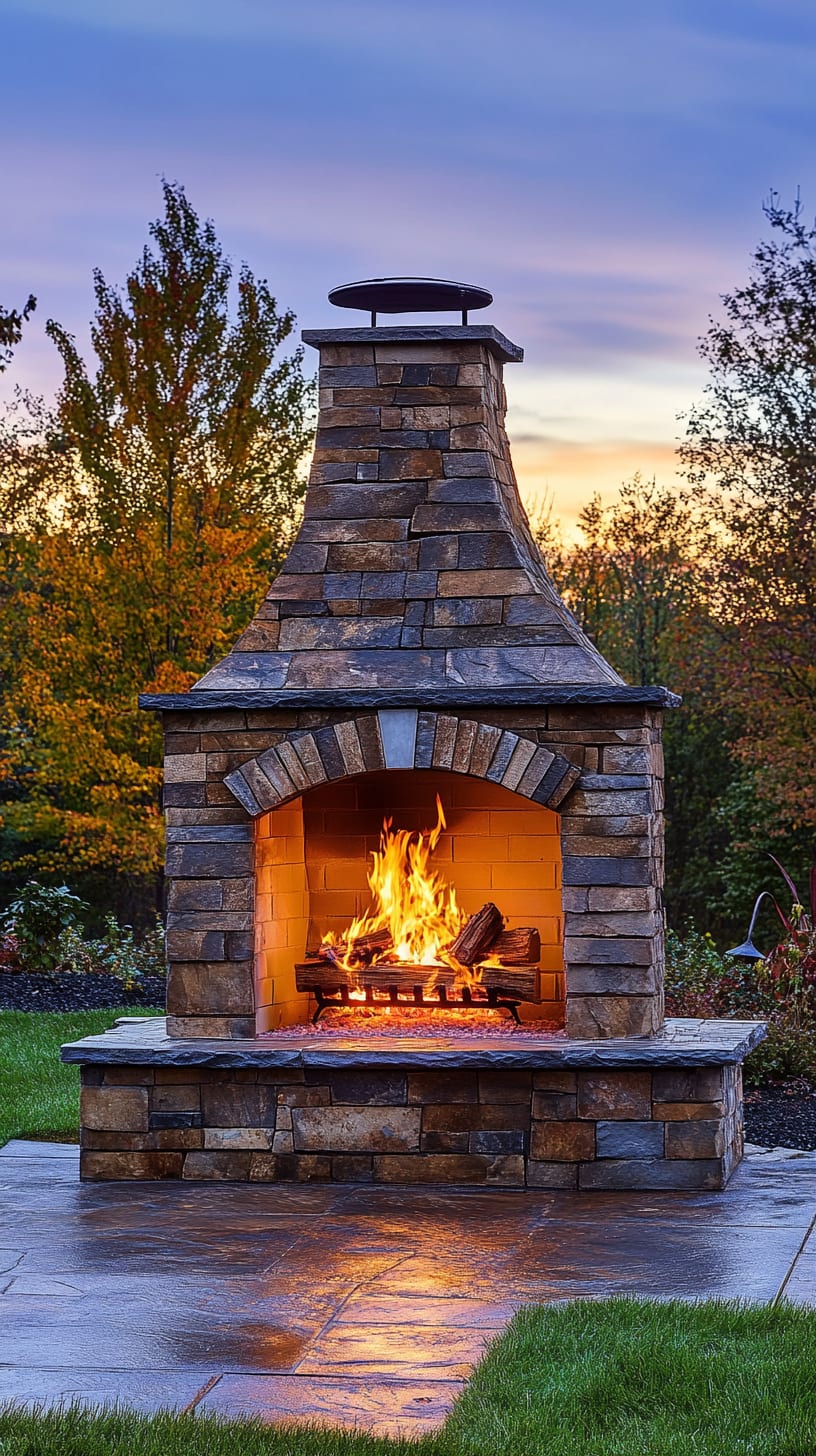 A stone outdoor fireplace with a burning fire, surrounded by lush greenery and a twilight sky, featuring a comfortable seating area nearby for socializing.