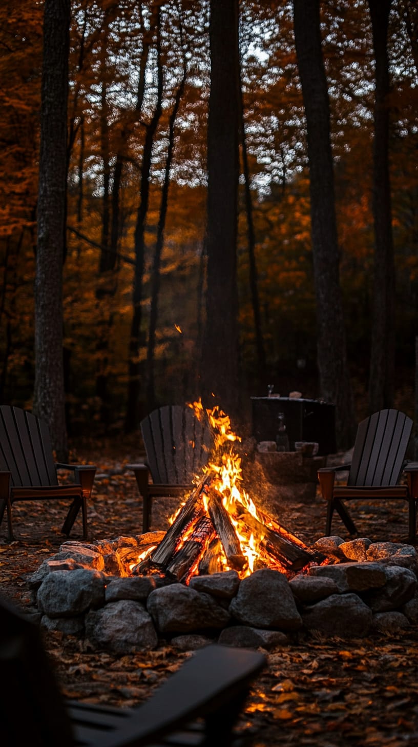 A cozy campfire with chairs surrounding it, set in an autumnal forest with colorful foliage and glowing flames.