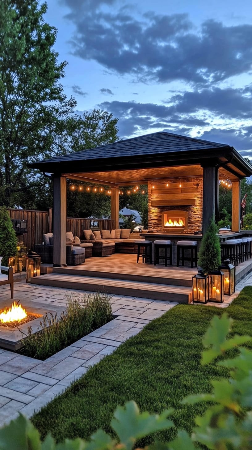 A picturesque backyard gazebo with seating, string lights, and a fire pit, set in a serene, illuminated landscape at dusk.
