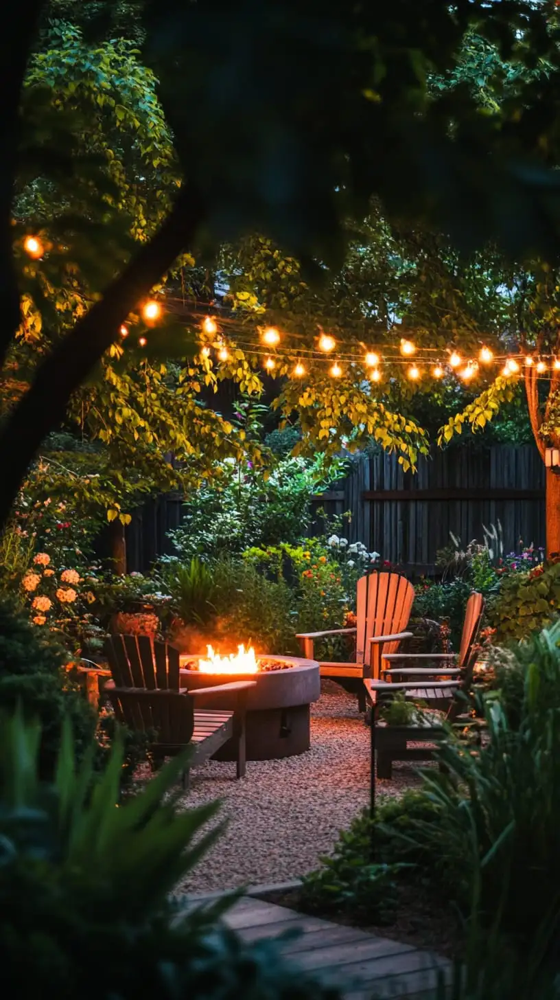 A cozy backyard garden at night, featuring string lights, a fire pit, comfortable chairs, and lush greenery with blooming flowers.