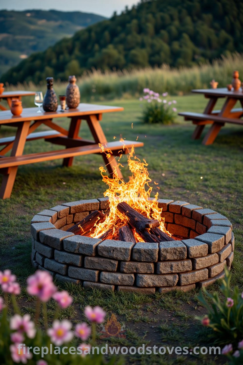 Nomadic firepit on a grassy knoll surrounded by picnic tables and wildflowers, with flames dancing in a stone-lined firepit, creating a cozy atmosphere perfect for gathering and outdoor entertaining, featuring unique ideas for your home and decor inspirations from fireplacesandwoodstoves.com.