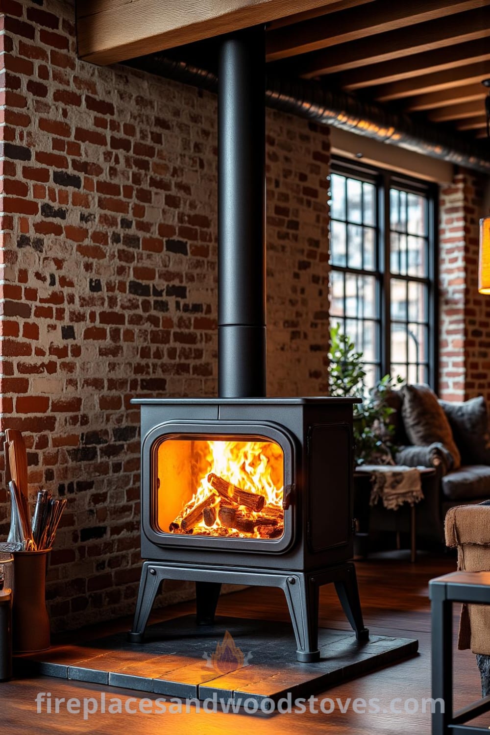 Industrial metal pipe woodstove fireplace in an urban loft corner, surrounded by exposed brick walls, raw concrete, and wooden beams, with warm flames creating a cozy atmosphere, complemented by rough-hewn furniture and eclectic decor ideas from fireplacesandwoodstoves.com.