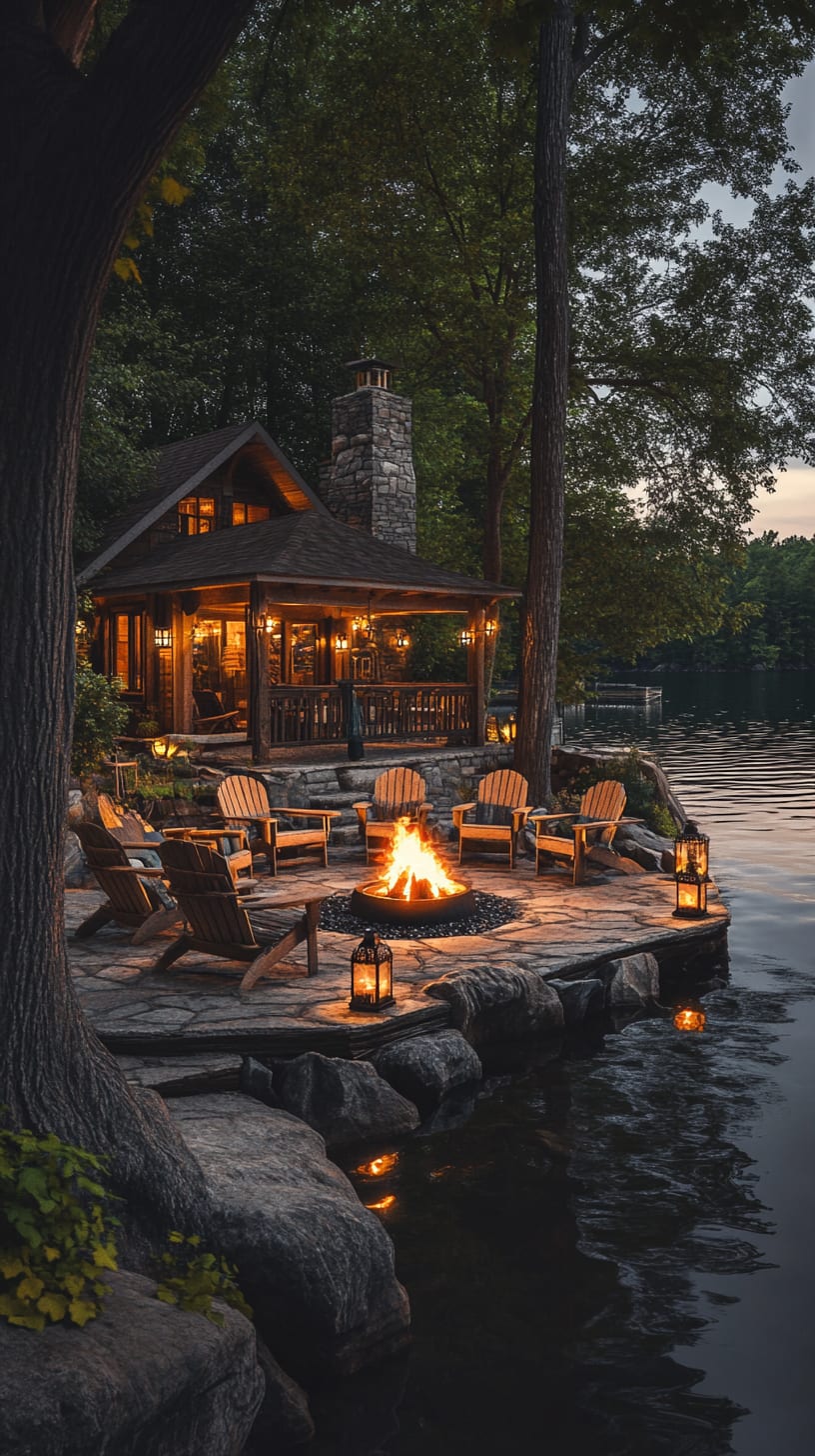 A charming lakeside cabin with an outdoor fire pit, surrounded by wooden chairs and lanterns, set against a serene lake backdrop at night.