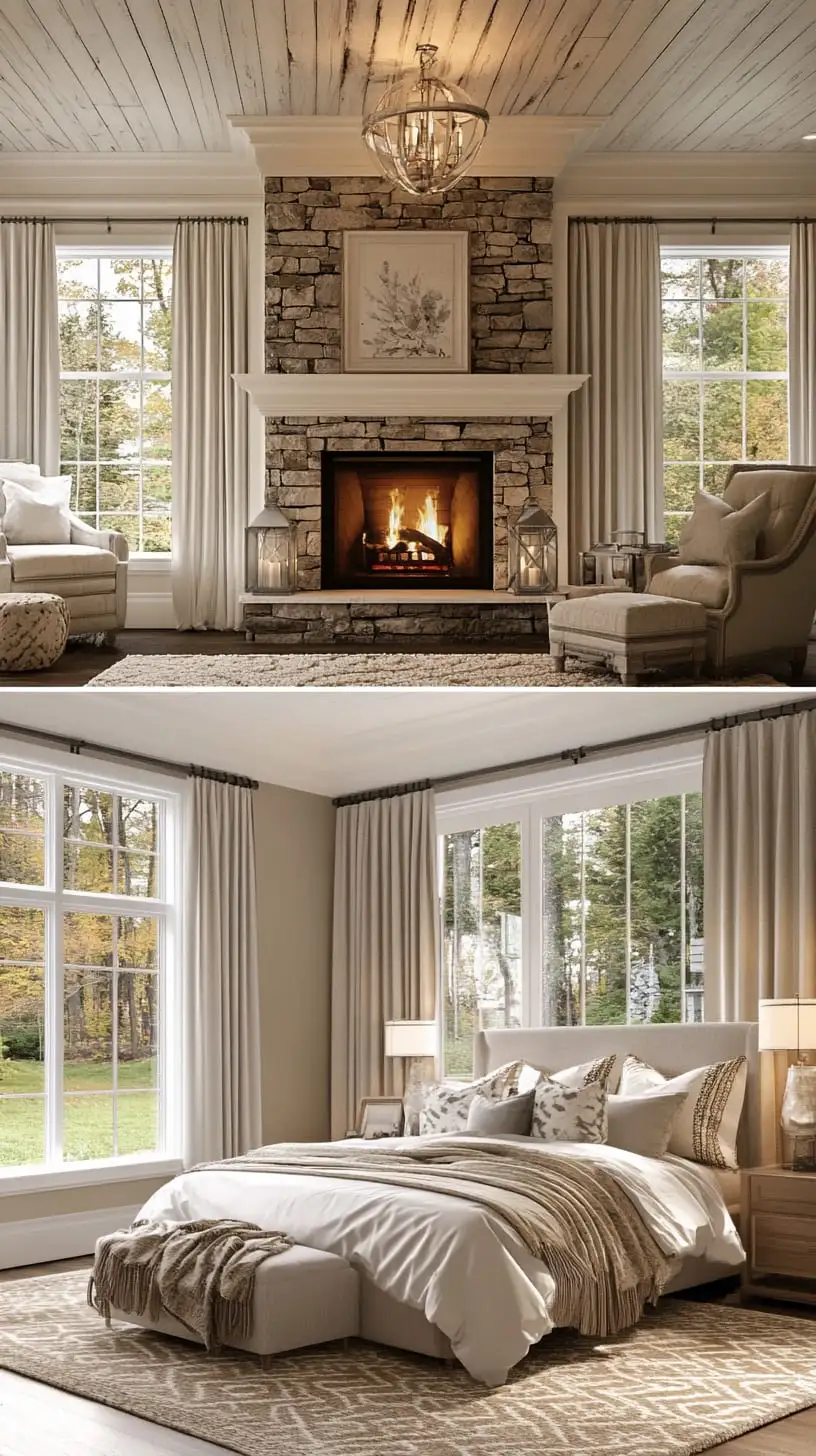 A cozy bedroom featuring a stone fireplace, large windows with beige curtains, and plush bed linens, creating a warm and inviting atmosphere.
