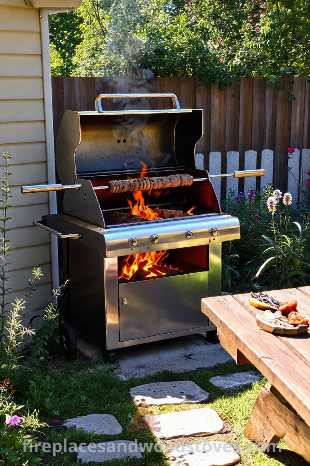 Sturdy spit BBQ in a sunlit backyard with a picnic table and sizzling vegetables, creating a cozy and inviting atmosphere for outdoor gatherings, showcasing incredible ideas to transform your backyard. Visit patioandhomefurniture.com for stylish outdoor design inspiration.