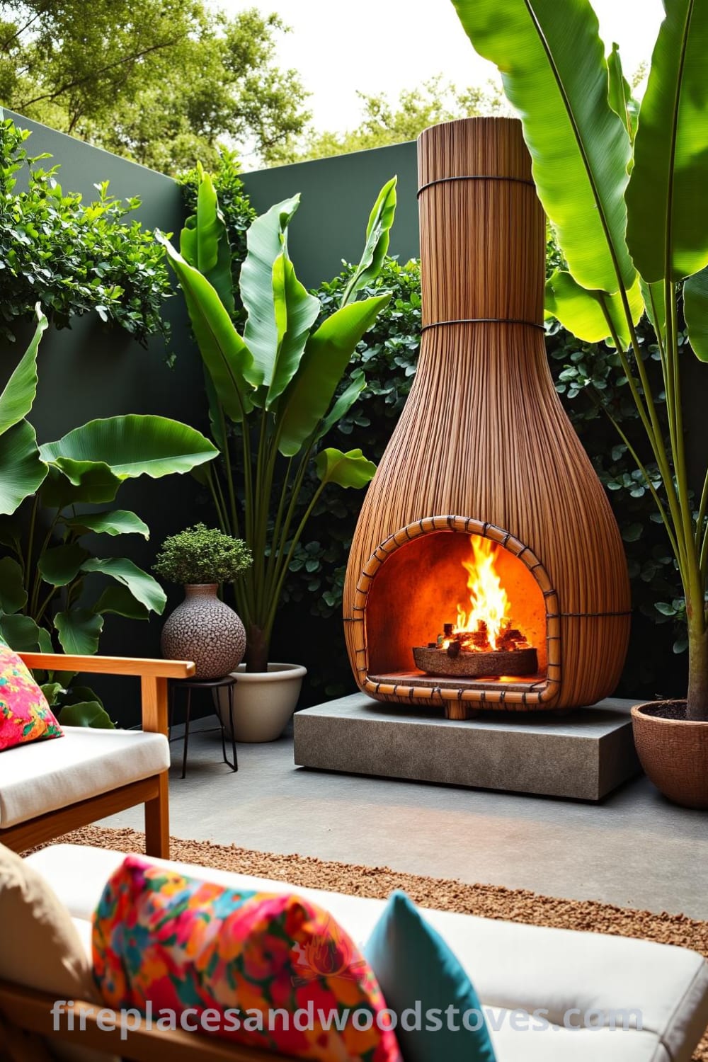 Tropical bamboo barbecue fireplace surrounded by lush greenery on a spacious patio, featuring flickering flames, vibrant cushions, and a relaxed island vibe. For more unique decor ideas, visit fireplacesandwoodstoves.com.