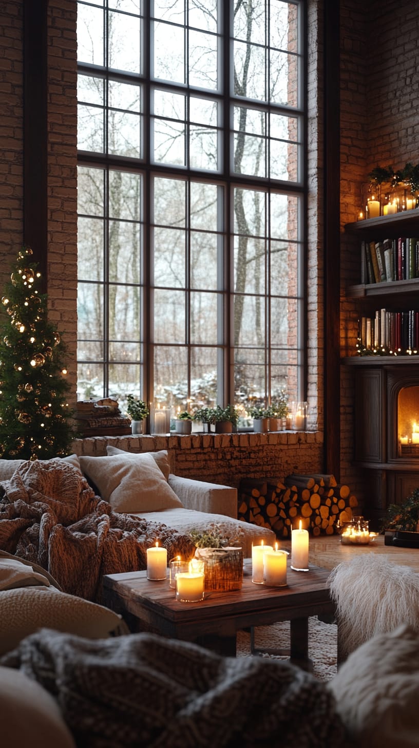 A cozy living room featuring a fireplace, large windows, a Christmas tree, and candles, with warm tones and a snow-covered landscape visible outside.