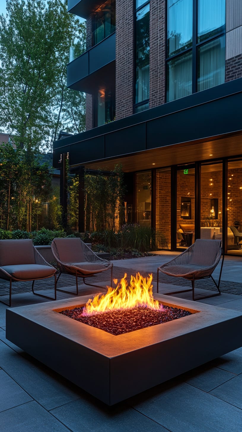A modern outdoor fire pit surrounded by comfortable seating and plants in an urban courtyard, creating a cozy and inviting atmosphere.
