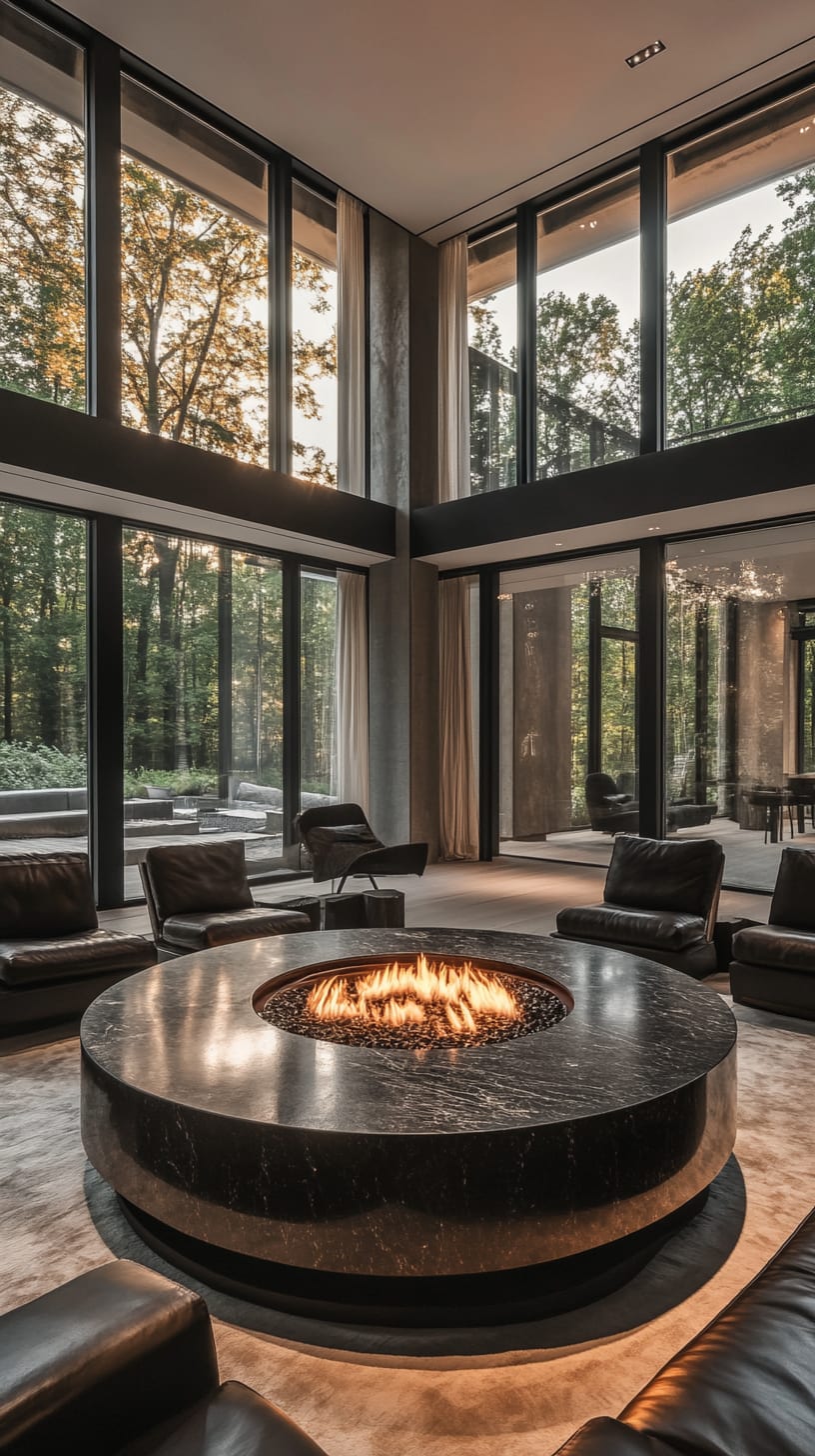 A modern living room with a circular firepit in the center, surrounded by black leather sofas and large windows showcasing outdoor trees.