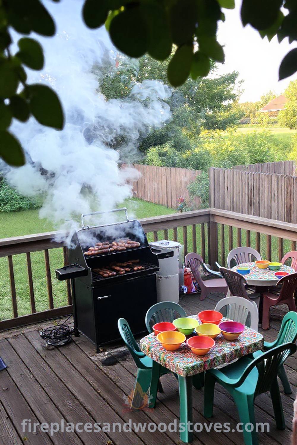 Outdoor backyard barbecue scene featuring a wooden deck, a grill with sizzling sausages and burgers, colorful bowls on a table, and surrounded by mismatched plastic chairs, creating a vibrant and inviting atmosphere. Visit patioandhomefurniture.com for incredible ideas that will wow your guests.