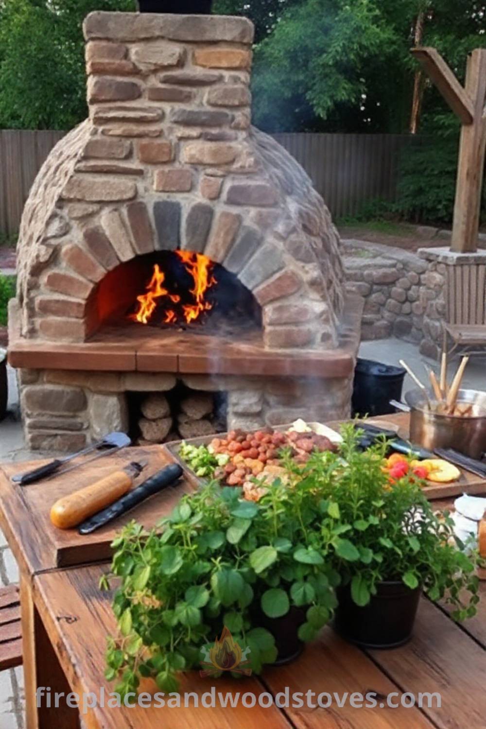 Stone BBQ oven on a sun-drenched patio surrounded by friends, rustic wooden table with fresh ingredients, and flourishing potted herbs. An inviting outdoor setup perfect for creating incredible backyard memories. Visit patioandhomefurniture.com for stylish ideas.