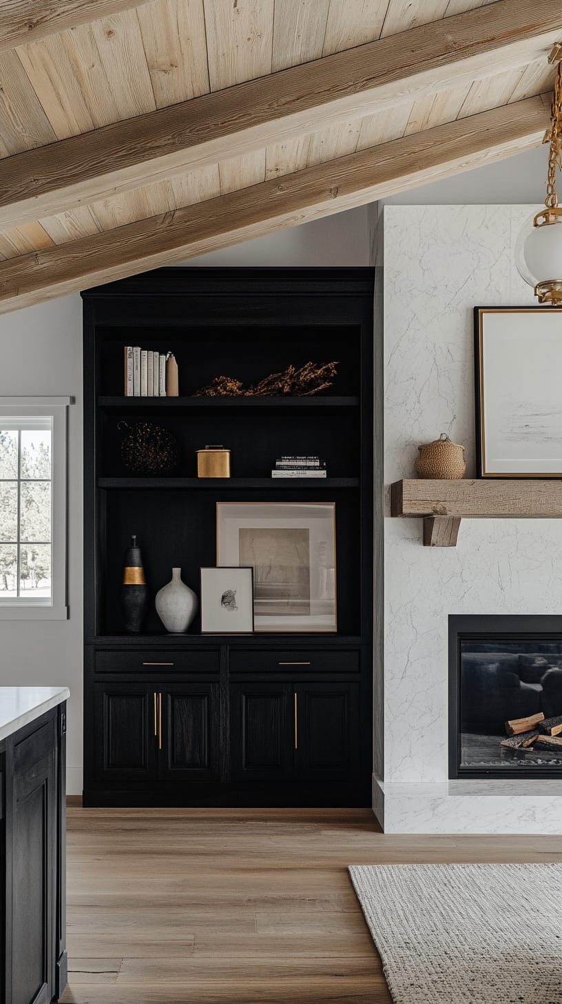 A modern farmhouse living room featuring a black built-in bookshelf with white marble accents, warm wood ceiling beams, and light oak flooring.