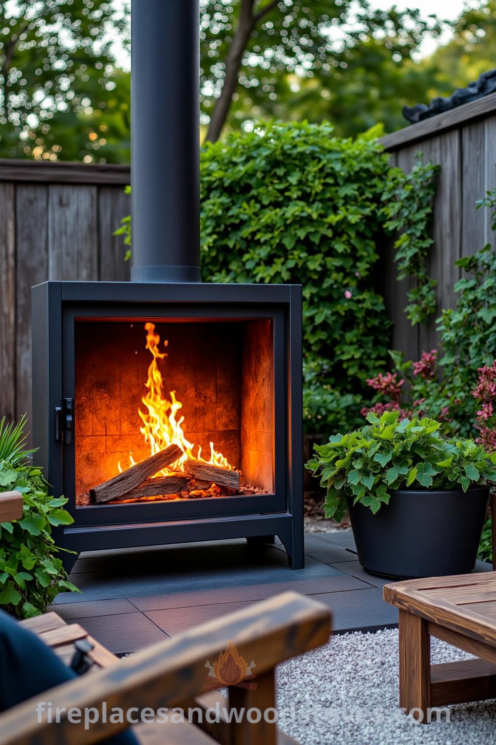 Urban steel fireplace in a lively urban backyard, surrounded by greenery with glowing flames illuminating the textured metal, offering cozy ideas for outdoor gatherings, weathered wooden seating, and a warm ambiance as dusk sets in. Visit fireplacesandwoodstoves.com for unique decor ideas.