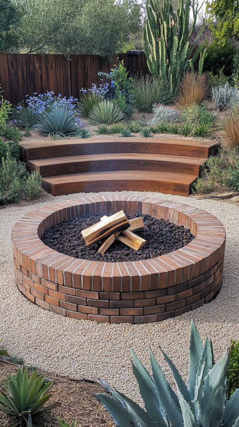 A large round fire pit surrounded by cacti and succulents in a cozy backyard setting, featuring comfortable seating and a welcoming atmosphere.