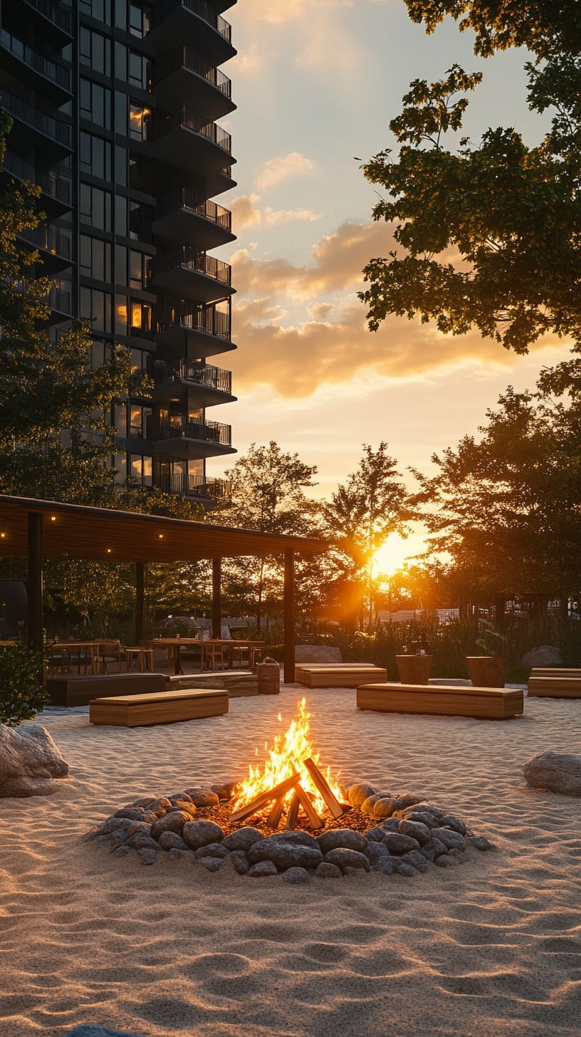 An outdoor beach bonfire area with seating and modern apartment buildings in the background during sunset, featuring flickering flames and a sandy environment.
