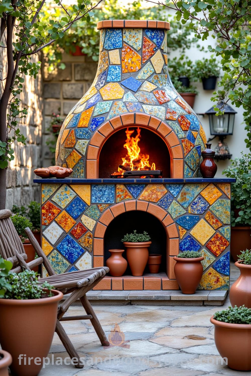 Mosaic outdoor barbecue made of colorful Mediterranean tiles nestled in a stone patio, surrounded by terracotta pots overflowing with herbs and rustic chairs, creating a cozy and inviting atmosphere for gatherings. Visit fireplacesandwoodstoves.com for unique ideas and inspirations for your home.