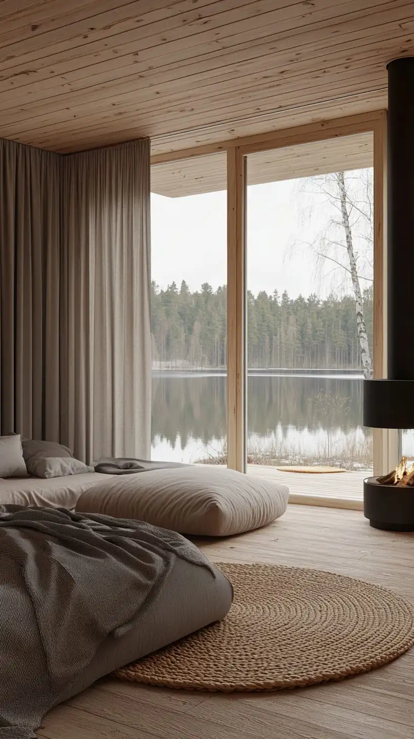 A serene bedroom with large windows overlooking a lake, featuring wooden walls, a fireplace, a grey fabric bed, and a round jute rug in a minimalist Scandinavian style.
