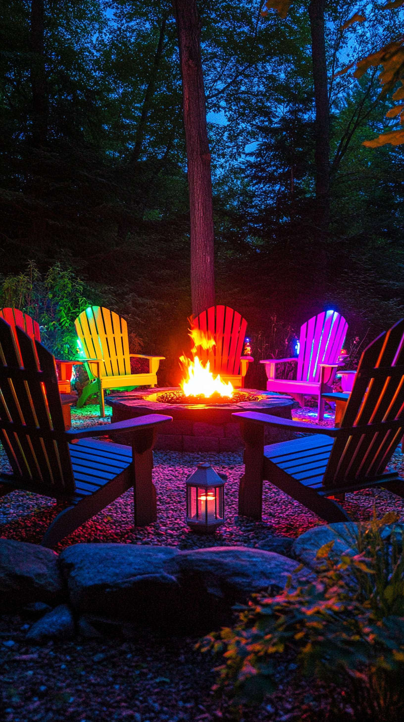 A colorful fire pit surrounded by adirondack chairs, glowing in the dark with neon lights, set outdoors at night under trees and a clear sky.